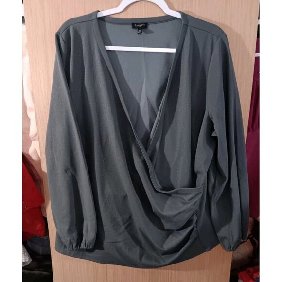 Talbots Faux Wrap Top Blouse 2X‎ Gray Metallic Shimmer Long Sleeve - Picture 1 of 5